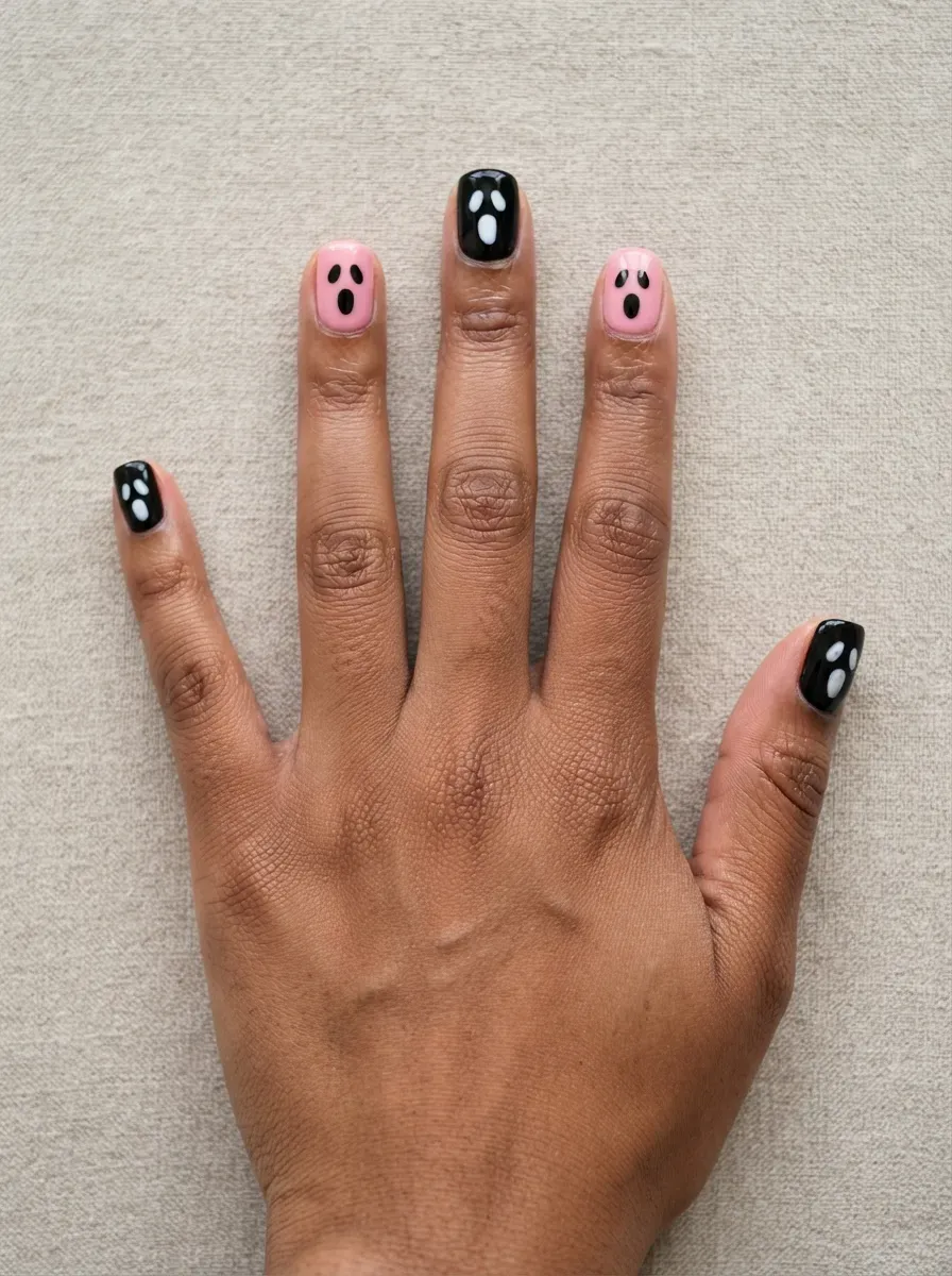 Close-up of black square nails with pink ghost face art