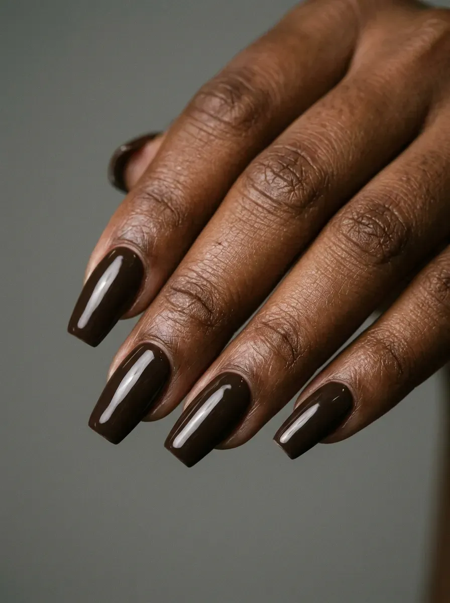Medium coffin nails coated in deep glossy espresso brown polish