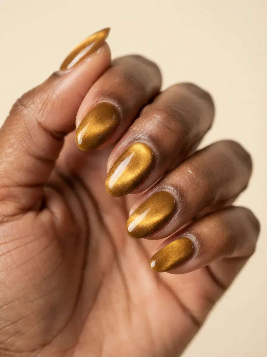 Golden brown nails with warm honey magnetic cat-eye highlights