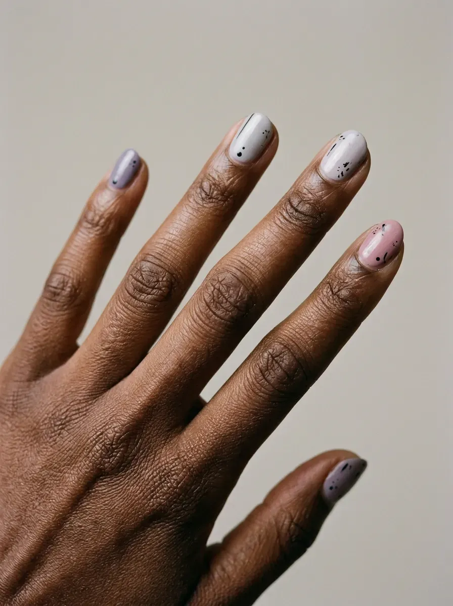 Muted pastel nails with black miniature horror-inspired graphic accents