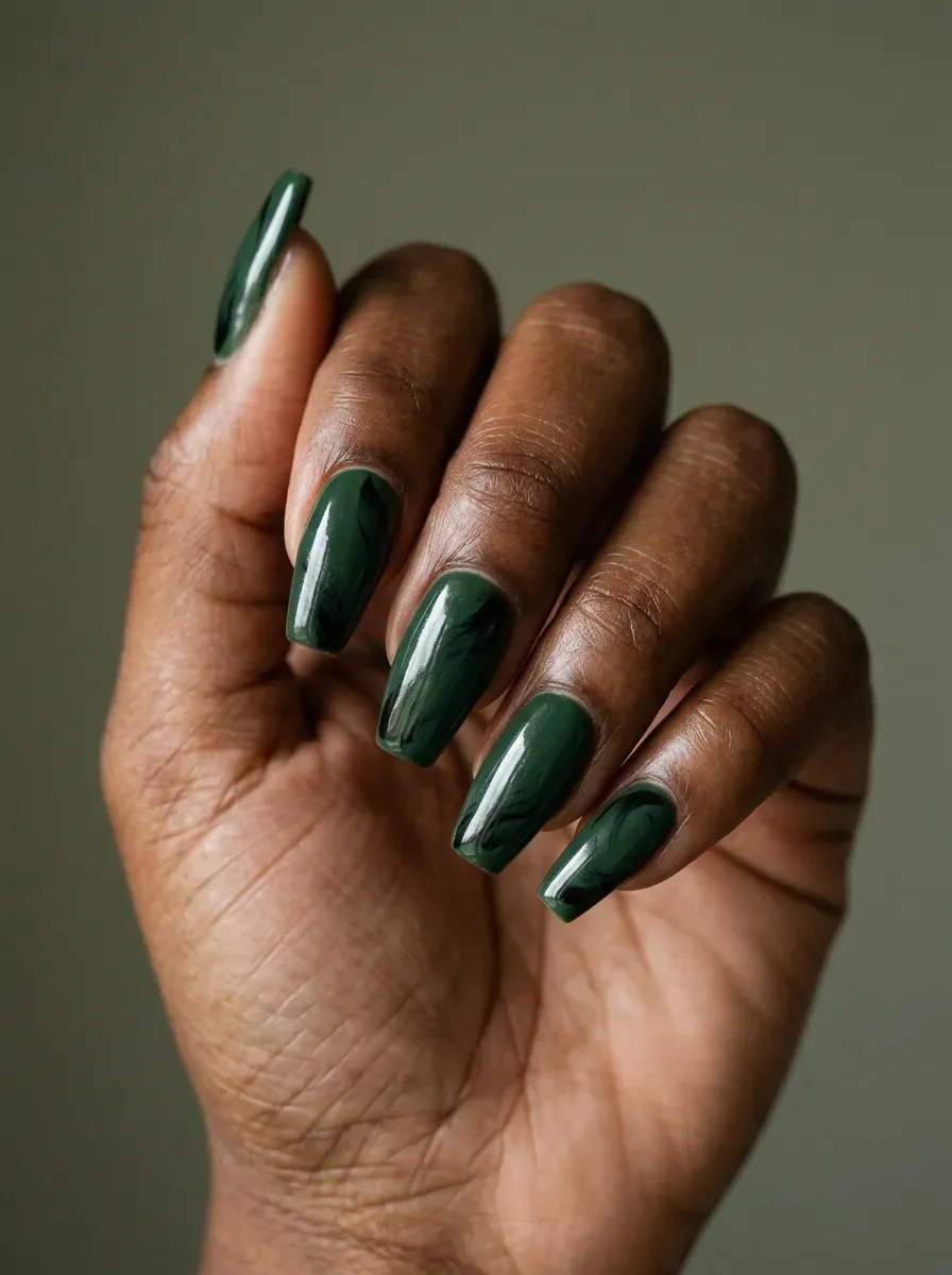 Deep forest green nails with black shadow accents and glossy finish