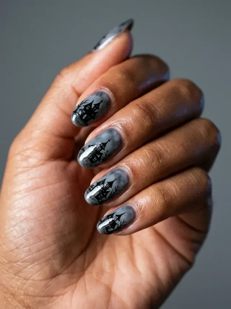 Black haunted house silhouettes painted over smoky gray Halloween nails
