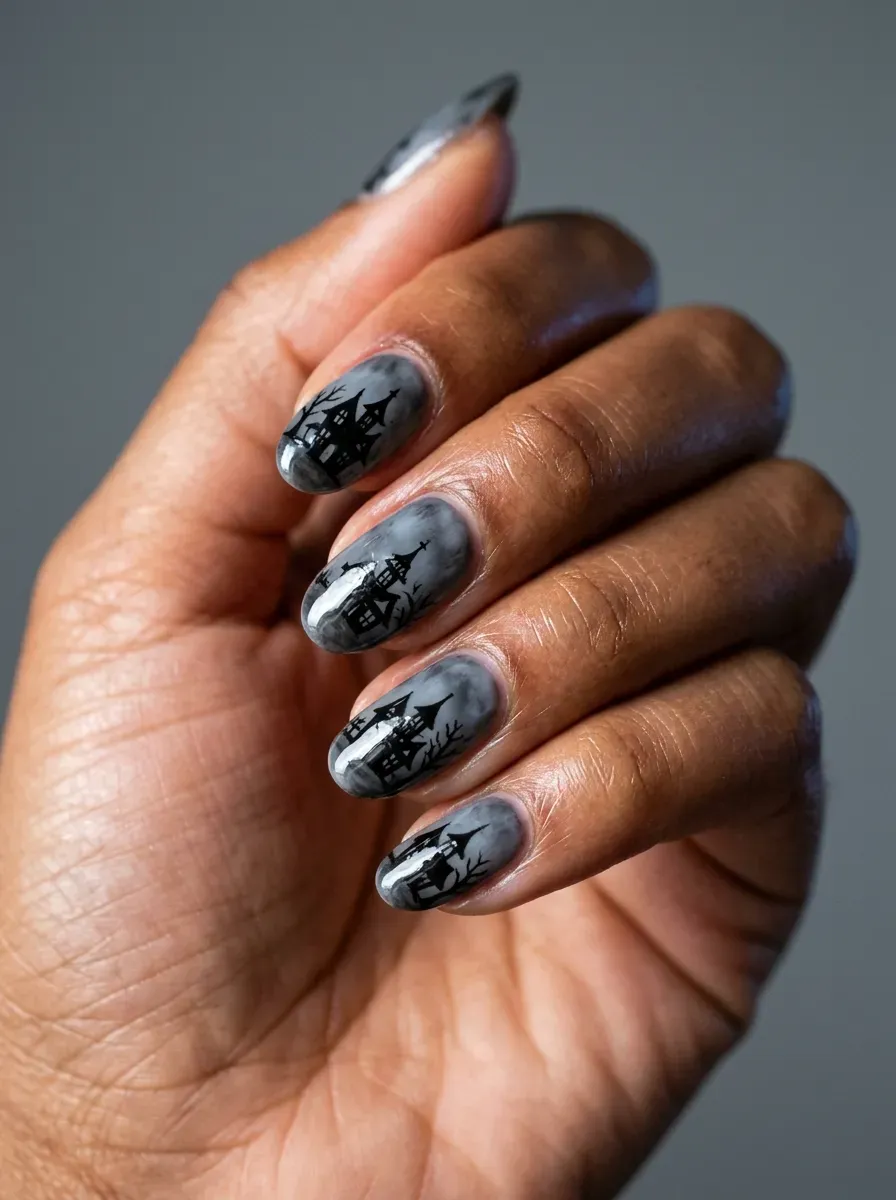 Black haunted house silhouettes painted over smoky gray Halloween nails