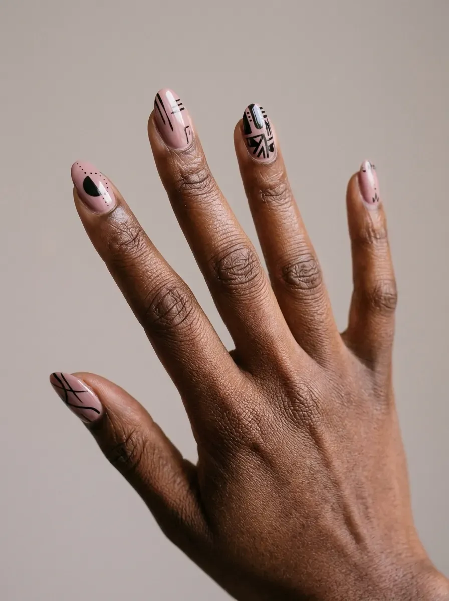 Muted pink nails with black graphic details and glossy horror doll finish
