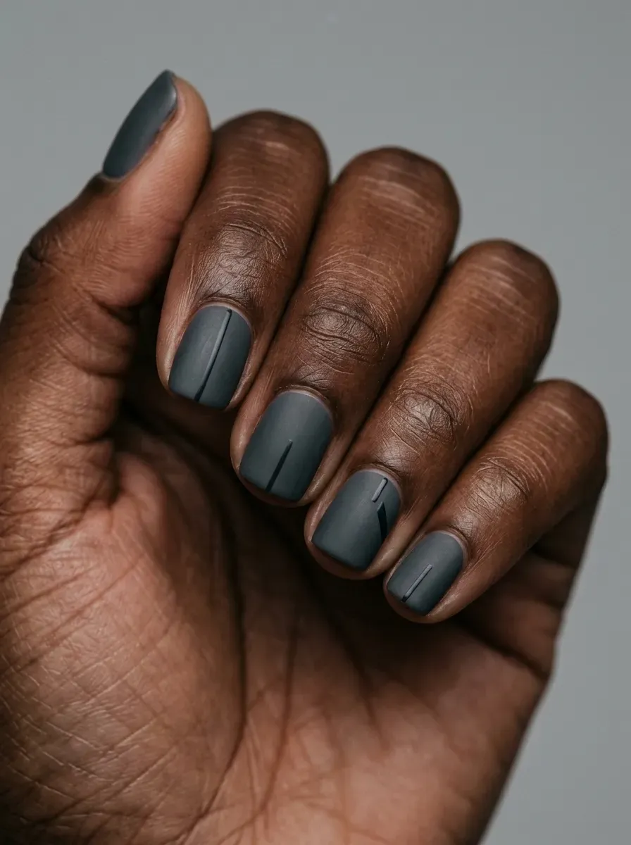 Matte charcoal nails with subtle black and gray distressed graphic details