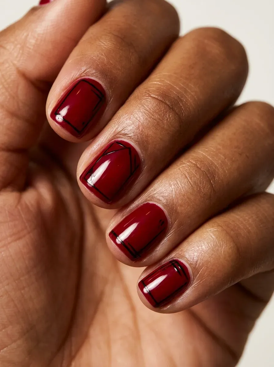 Deep red nails with black graphic lettering-inspired details and glossy finish