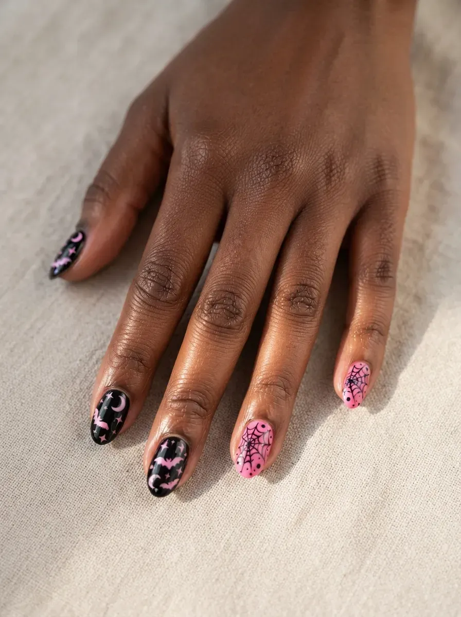 Close-up of short almond nails with hot pink chrome over black
