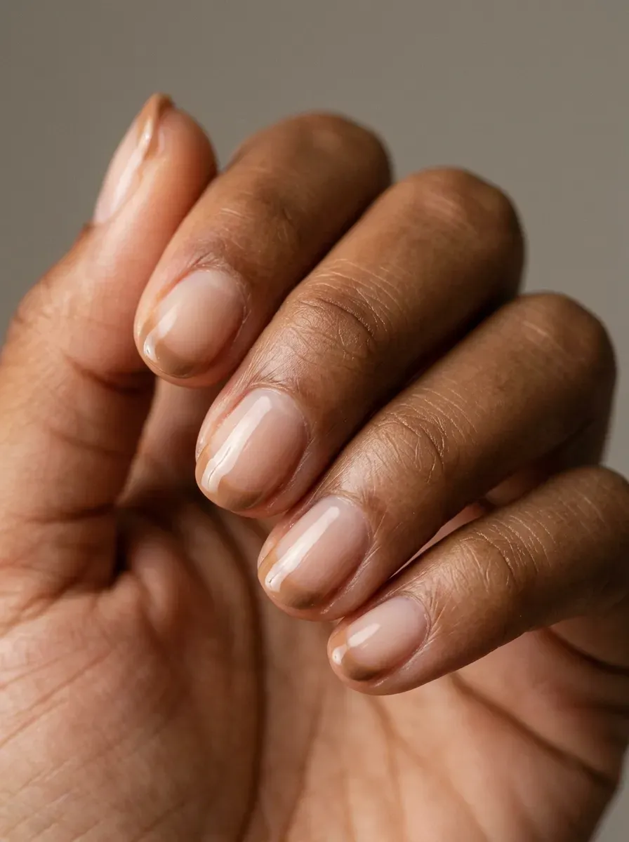Short rounded nails with creamy latte French tips over sheer nude bases