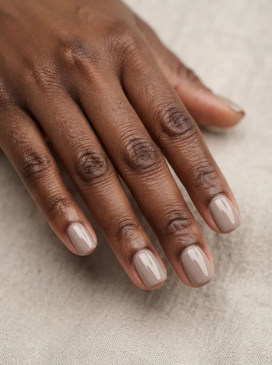Close-up of short square nails in light taupe glossy polish on deep chestnut skin