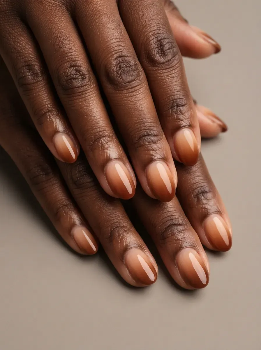 Short almond nails with warm brown ombre polish on deep brown skin
