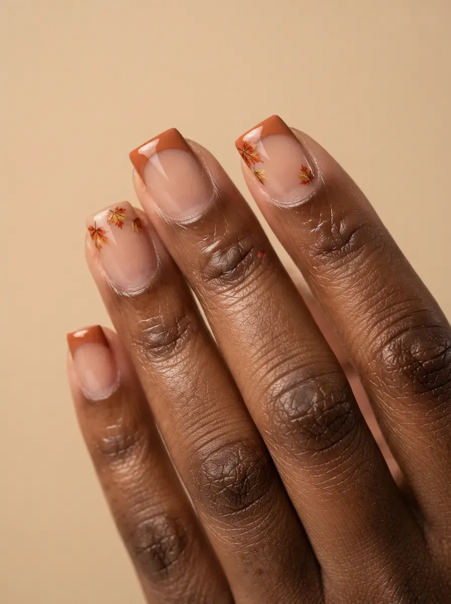 Short square nails with warm orange French tips and tiny maple leaf accents