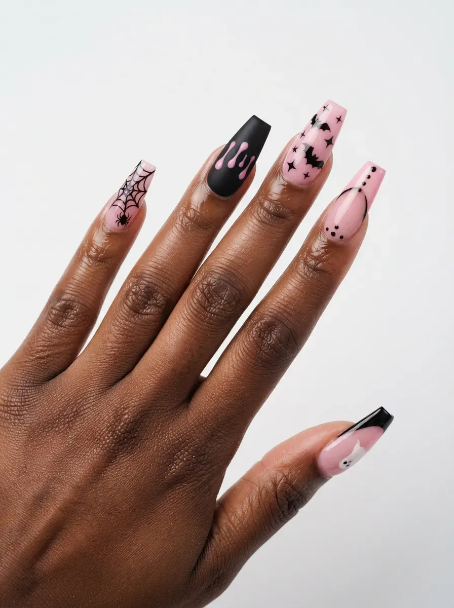 Close-up of long matte black coffin nails with hot pink french tips