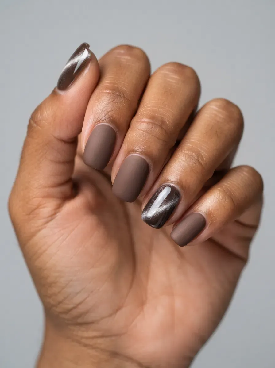 Brown matte nails with glossy magnetic cat-eye accent finish