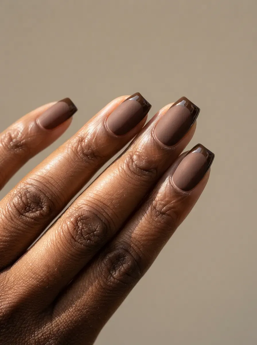Short coffin nails with matte chocolate bases and glossy brown tips