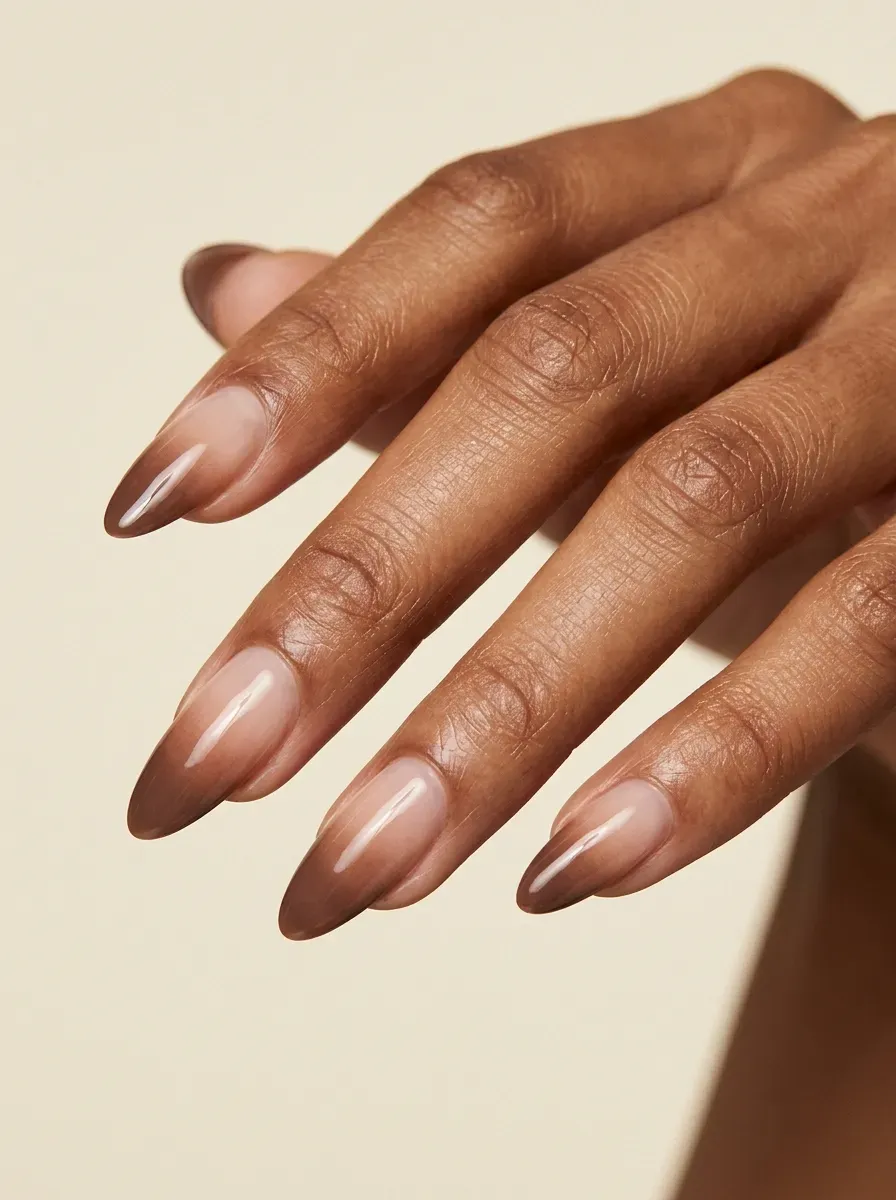 Short squoval nails with muted mushroom taupe matte polish finish