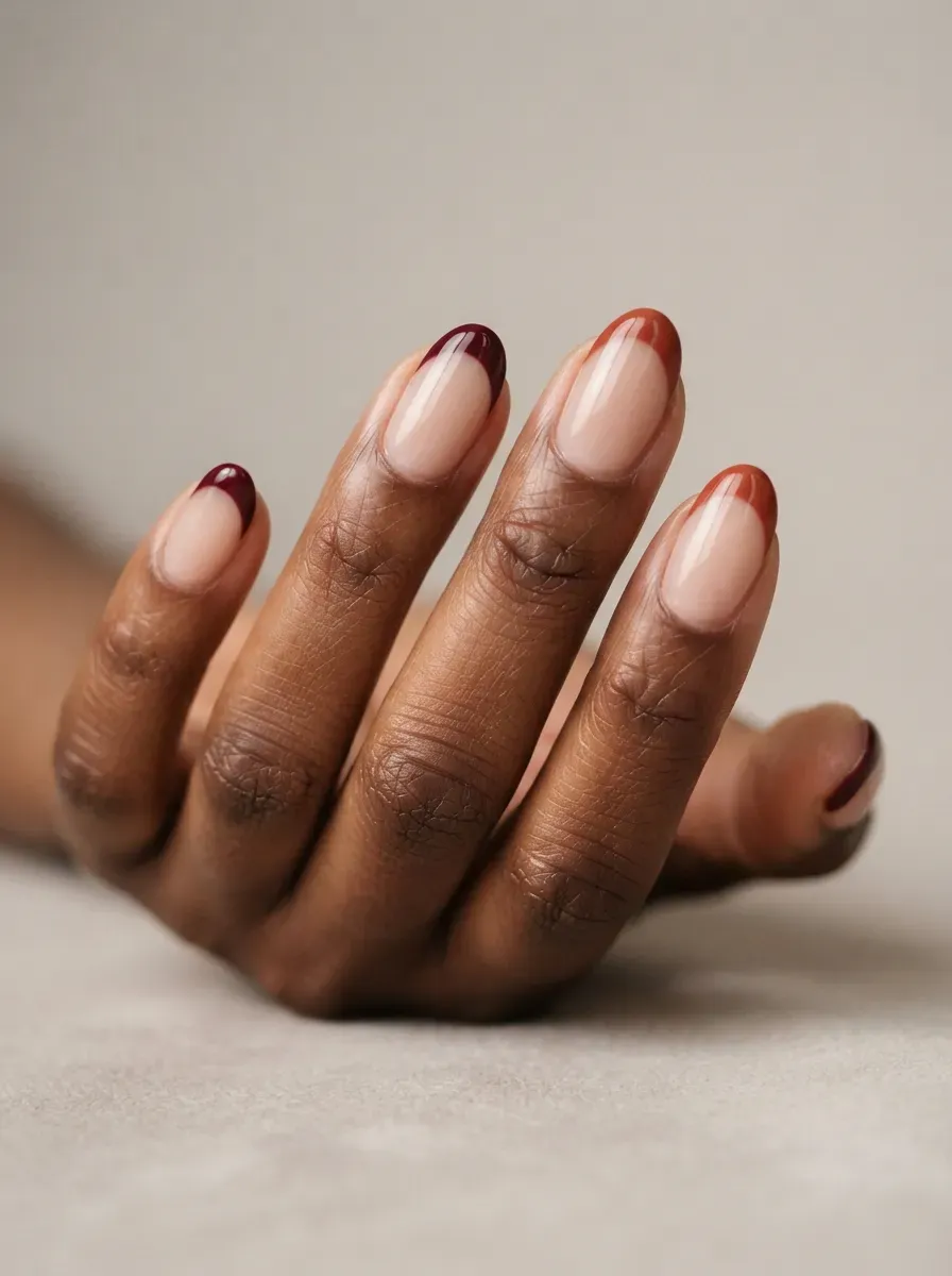 Short almond nails with matte olive French tips and glossy nude bases