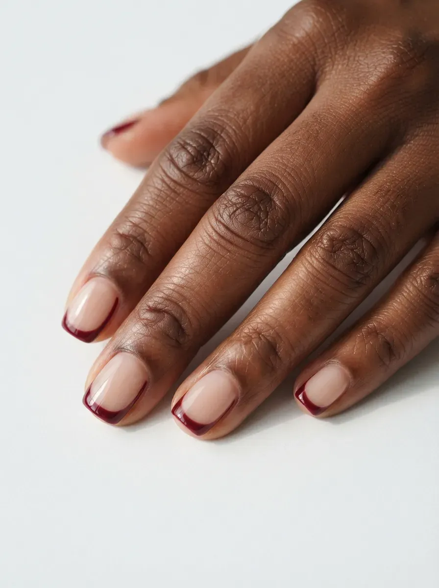 Short rounded nails with matte terracotta polish on warm brown skin