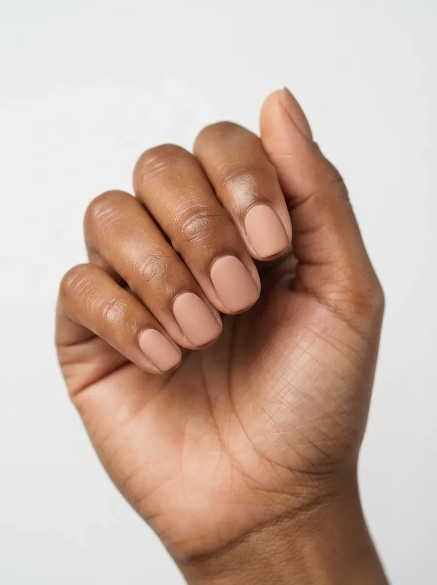 Close-up of short squoval nails in matte warm nude polish on brown skin