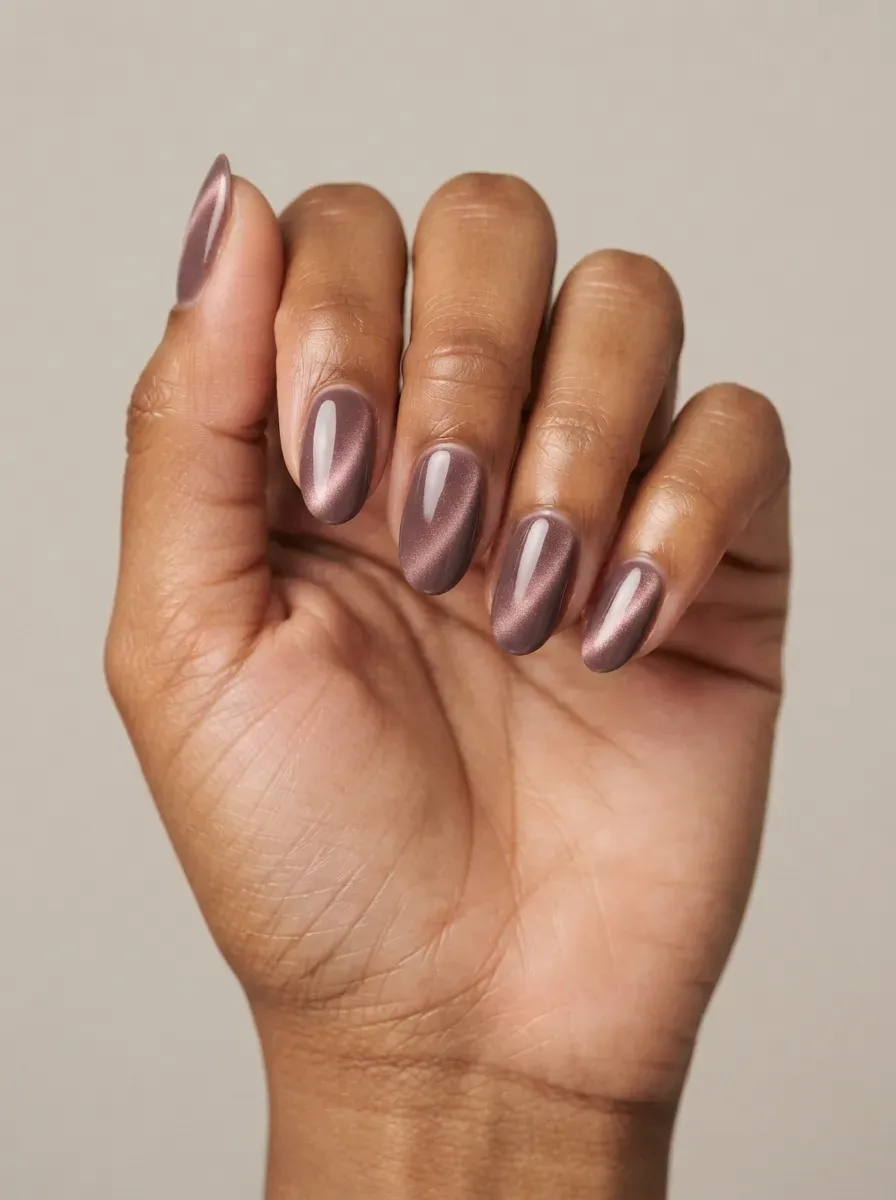 Mauve brown nails with soft rose magnetic cat-eye reflections