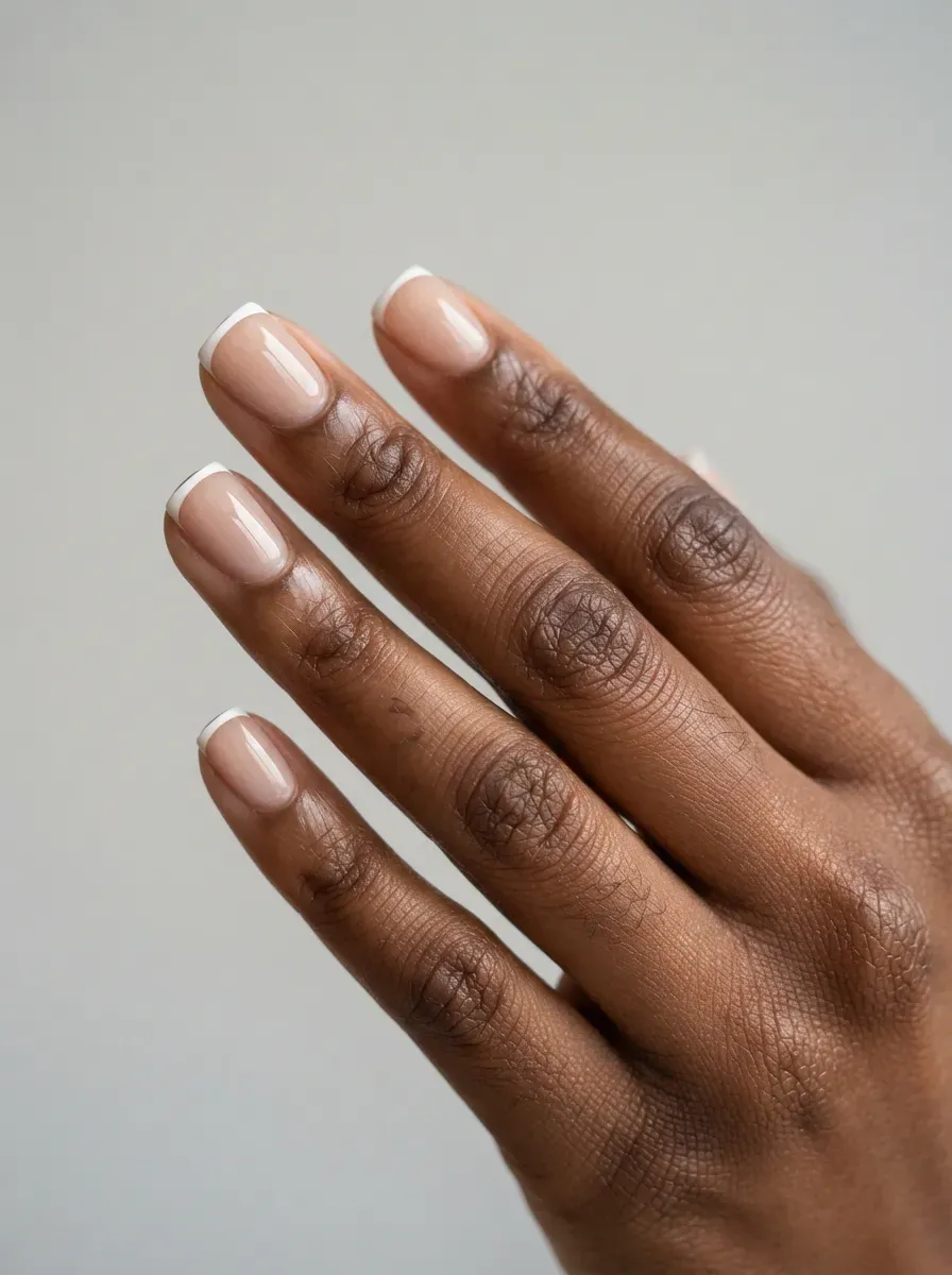 Close-up of short square nails with micro white french tips on rich dark skin tone