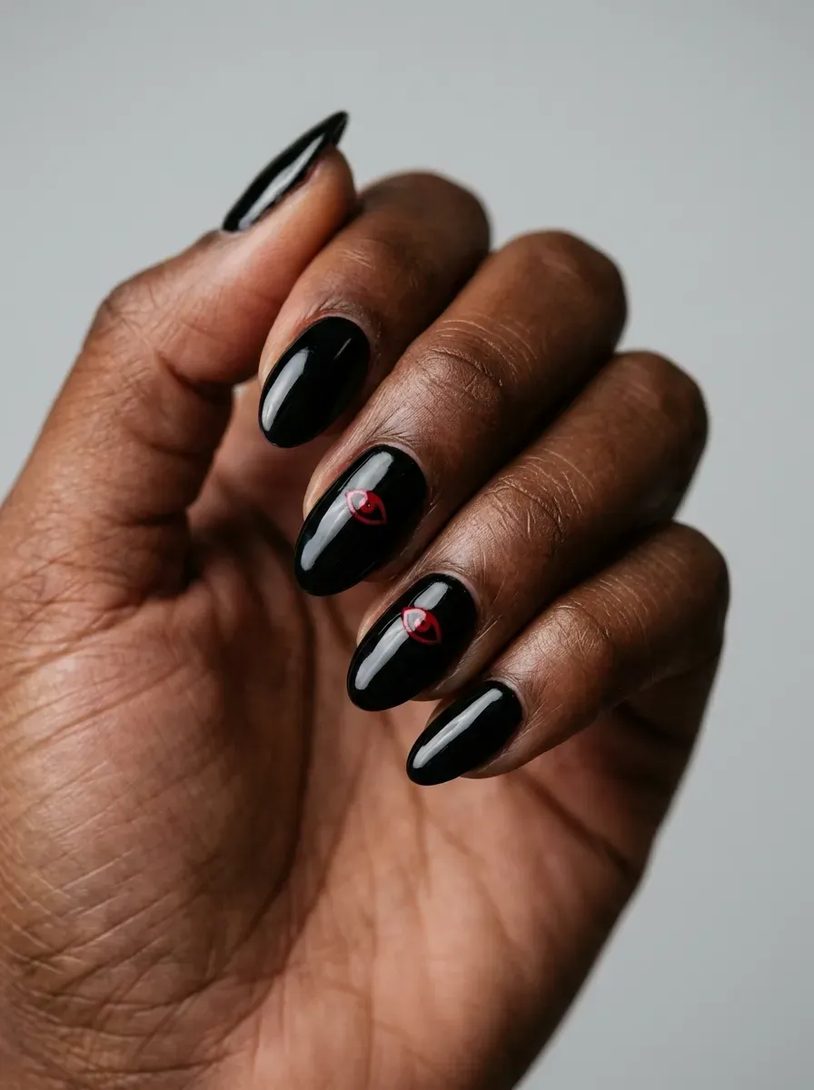 Long glossy black stiletto nails with dramatic sharp Halloween silhouette