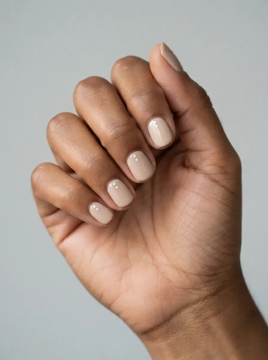 Close-up of short nails with minimal white dot grid pattern on warm brown skin