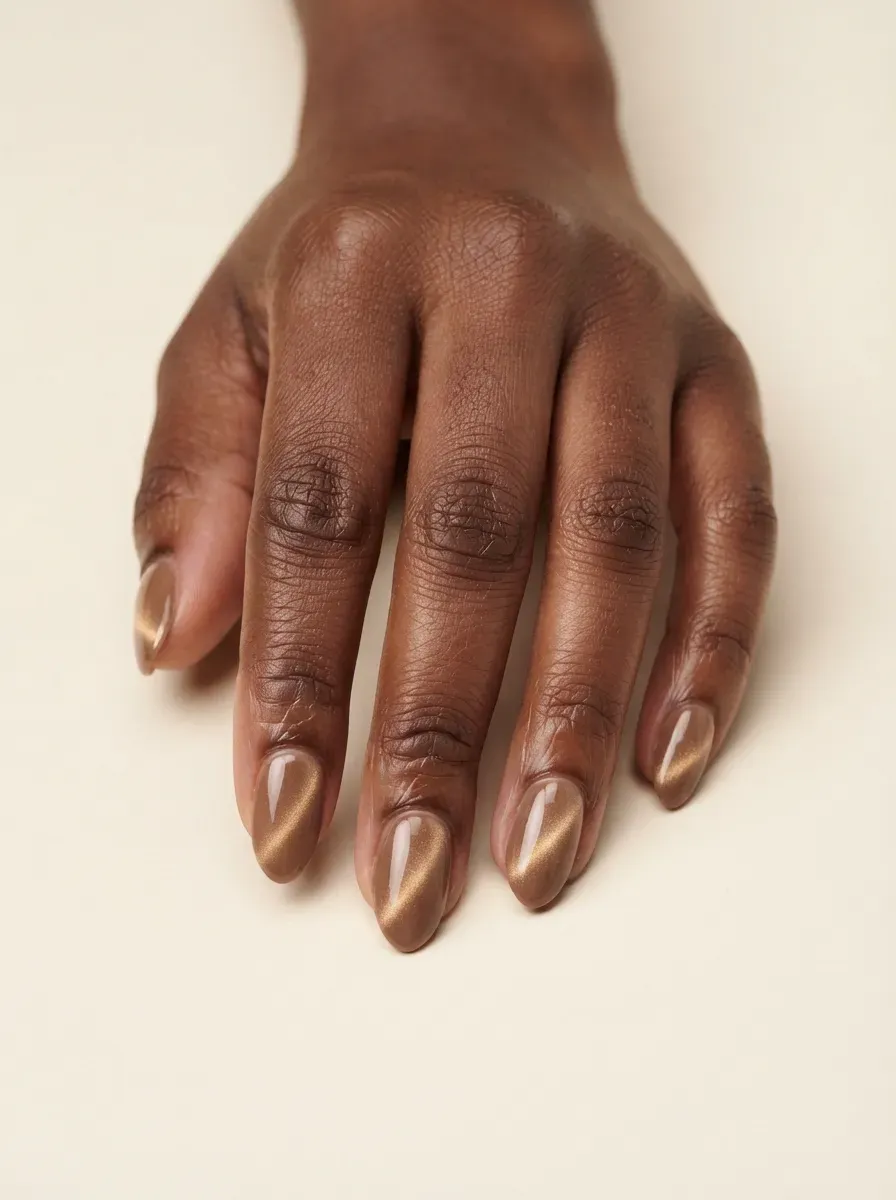 Mocha nails with delicate gold magnetic cat-eye flashes
