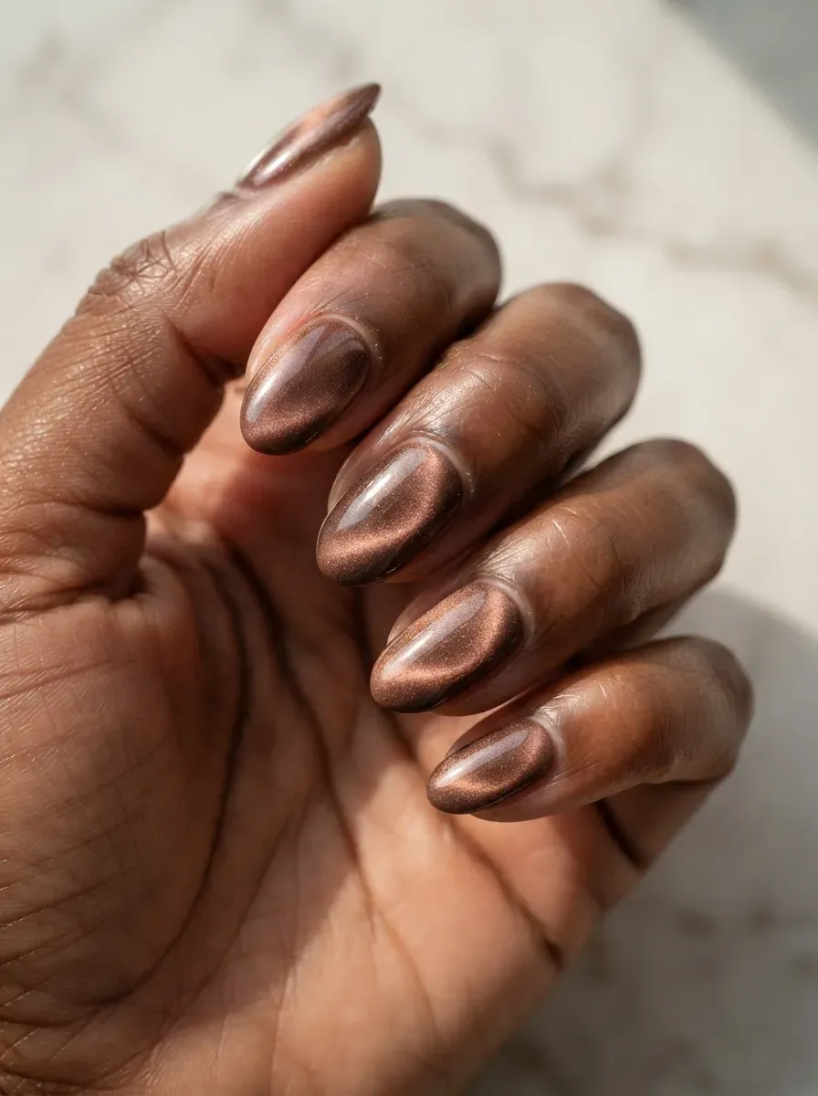 Short almond nails with reflective mocha velvet magnetic polish on dark skin