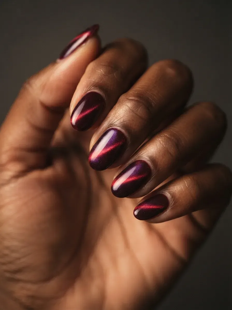 Mulled wine nails with glowing ruby magnetic cat-eye shimmer
