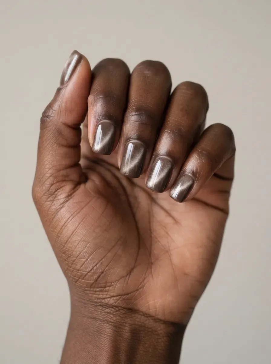 Mushroom brown nails with muted beige magnetic cat-eye reflections