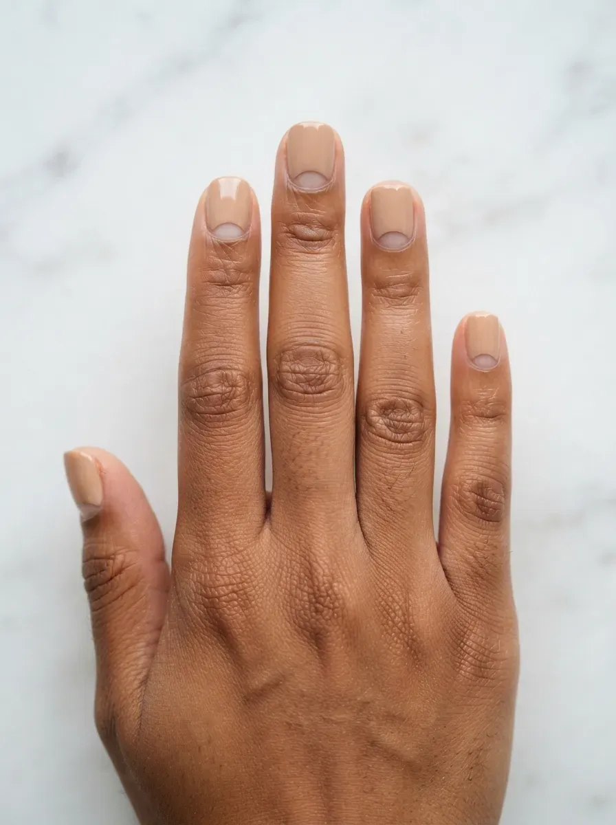 Close-up of short nails with negative space half-moon design in nude