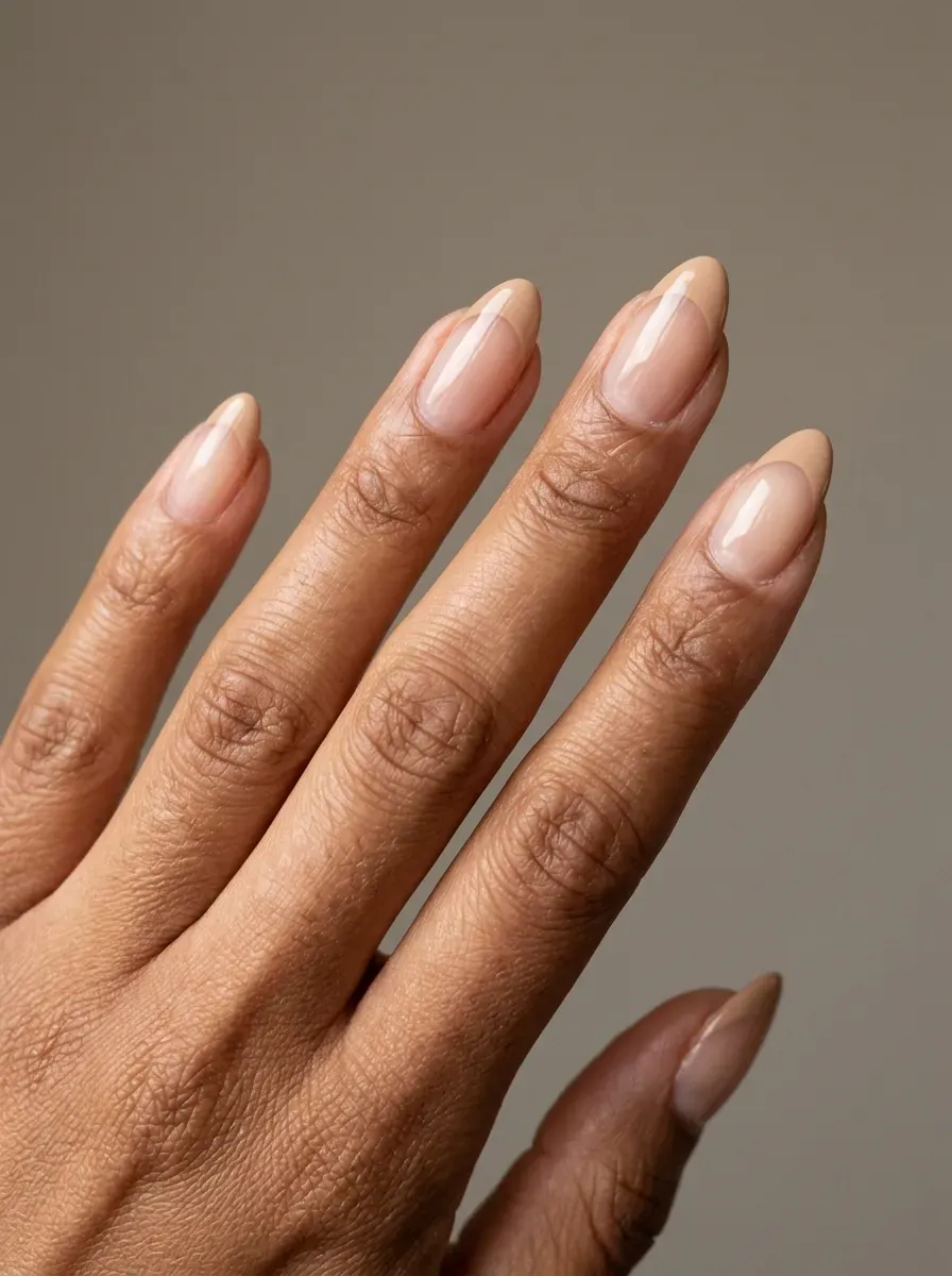 Long almond nails with soft brown aura centers and subtle nude French edges