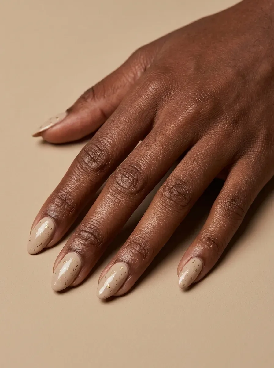 Almond nude nails with subtle scattered gold flecks over creamy neutral polish