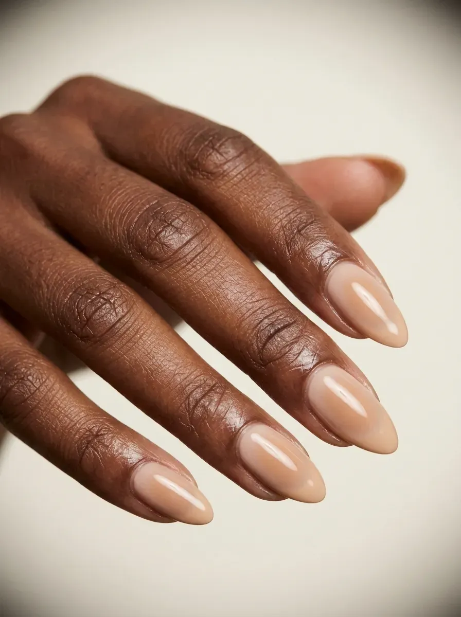 Short oval nails with caramel half-moon accents near nude cuticles