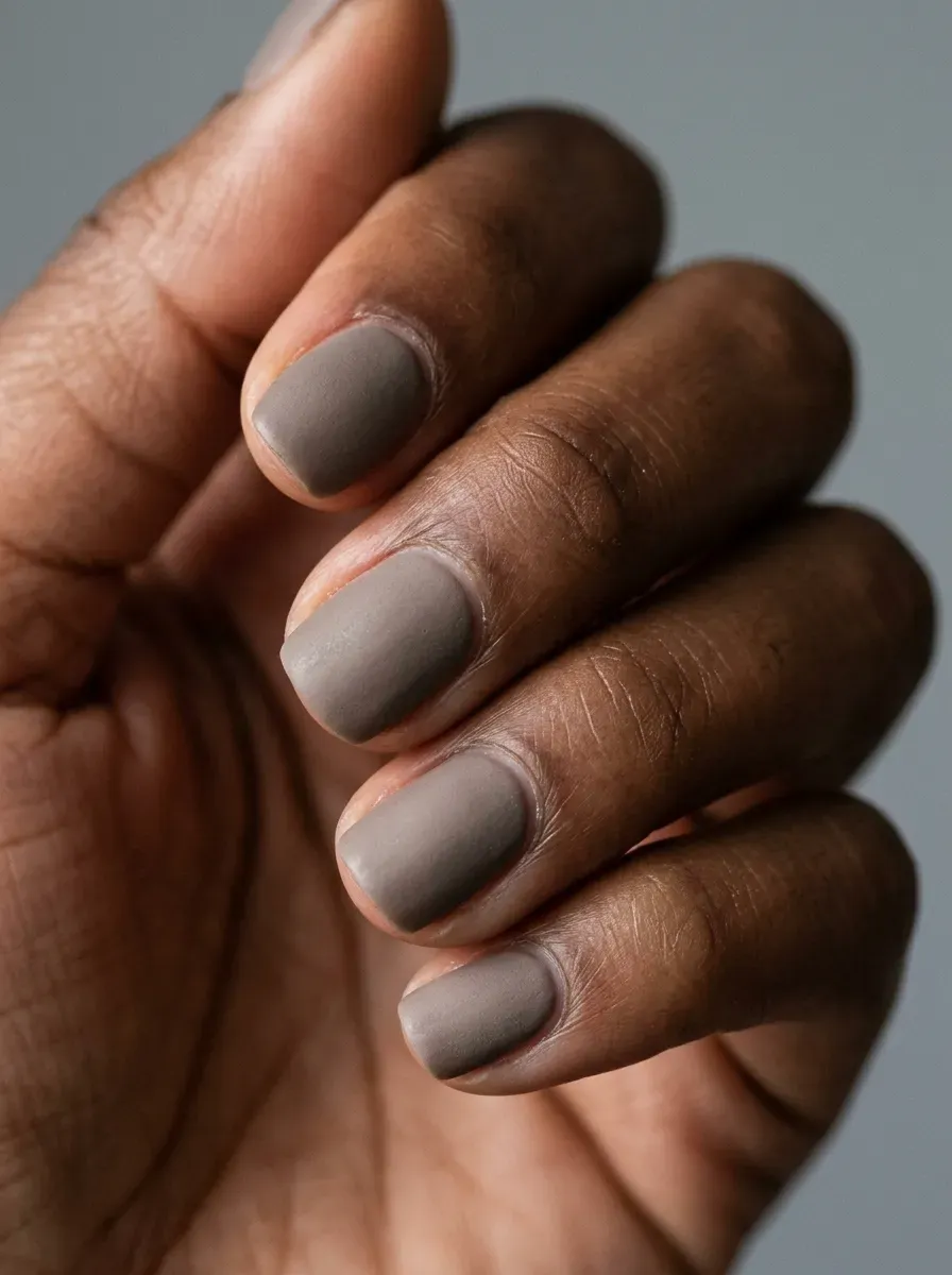 Almond nude nails decorated with delicate chocolate brown curved lines