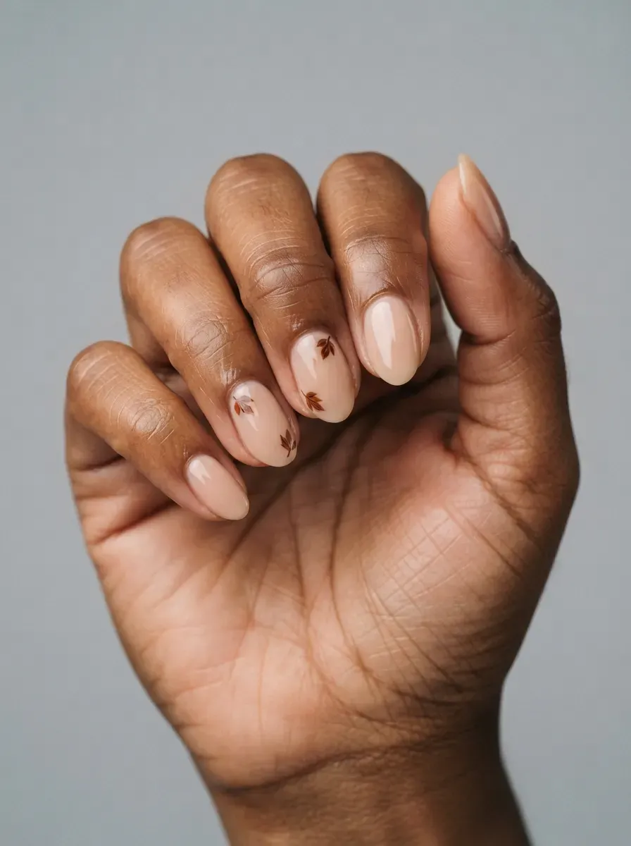Short almond nails with nude polish and tiny brown leaf accents