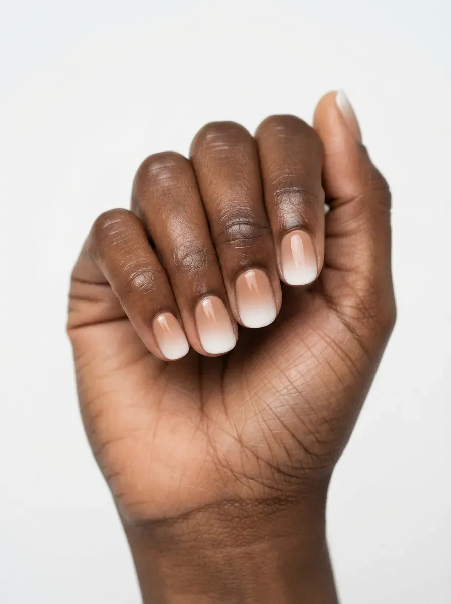 Close-up of short nails with nude to white ombre gradient on deep brown skin