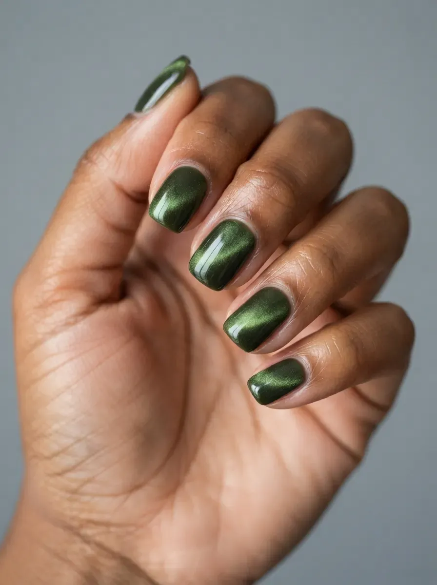 Olive green nails with soft magnetic cat-eye shimmer and glossy finish