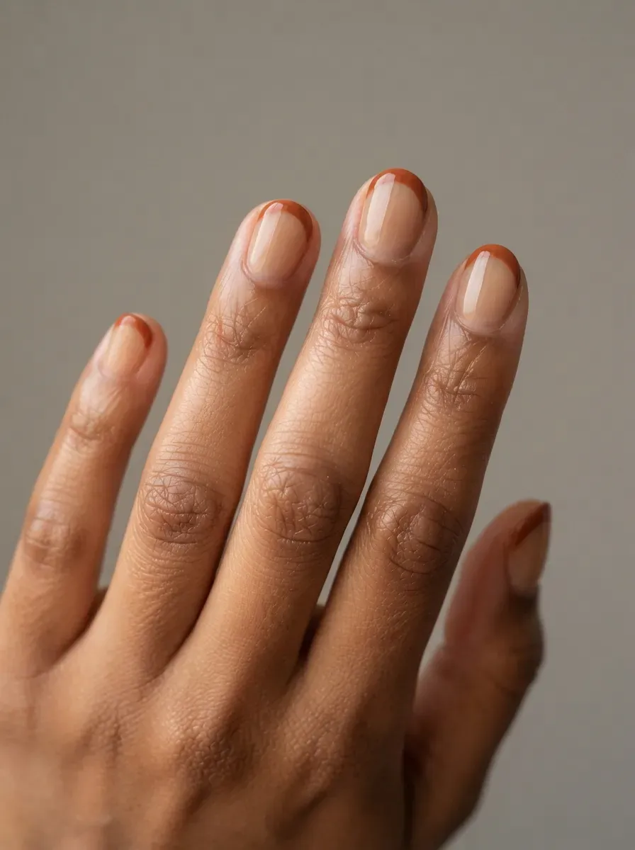 Short squoval nails with olive polish and delicate leaf accents on deep chestnut skin