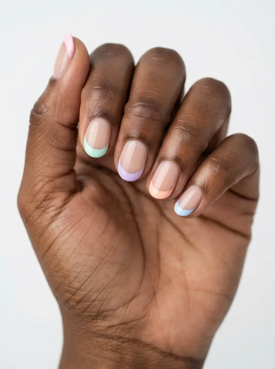 Close-up of short nails with different pastel tip color on each nail