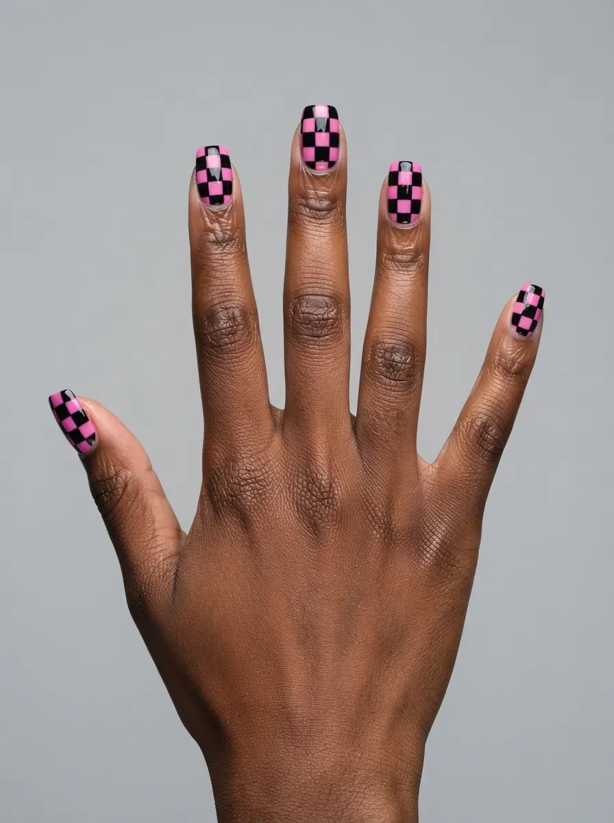 Close-up of nails with pink and black checkerboard pattern