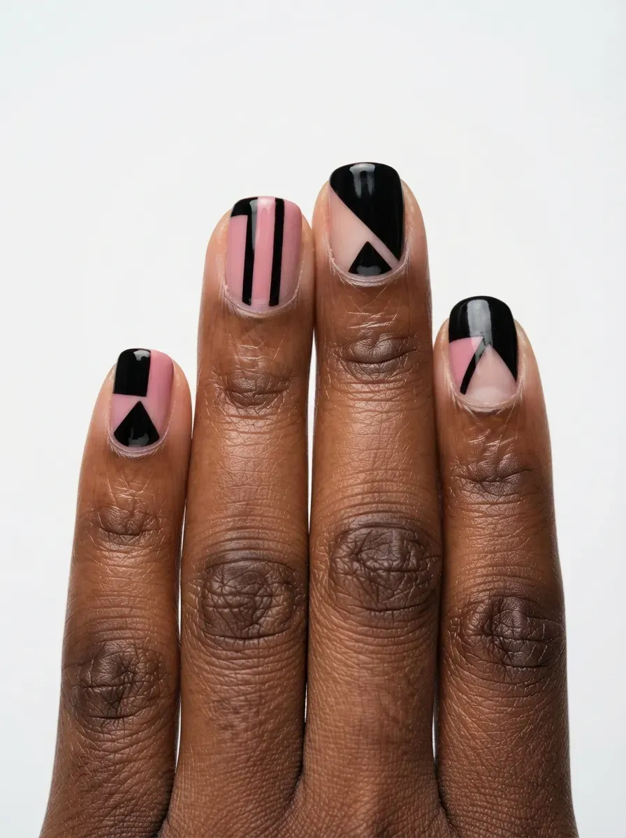 Close-up of nails with pink and black negative space cuticle design