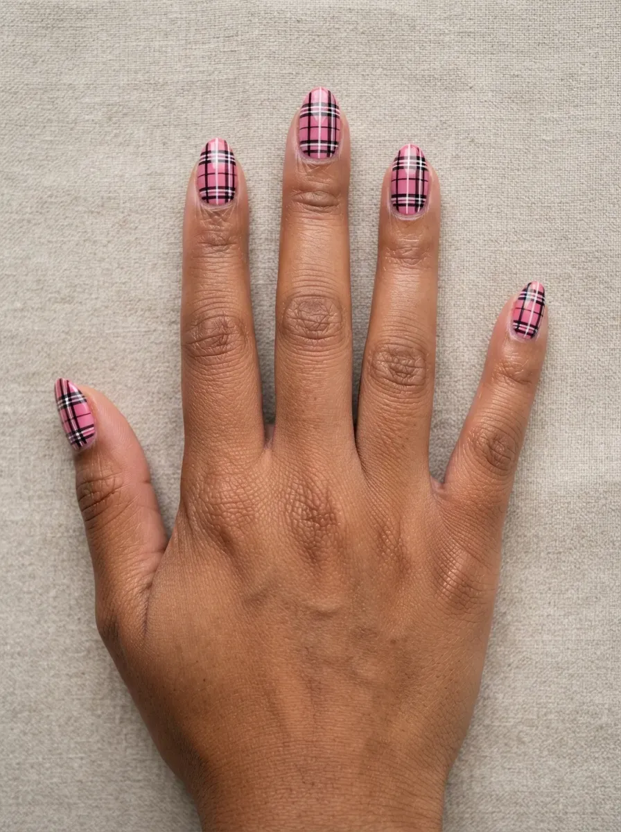 Close-up of nails with pink and black plaid pattern