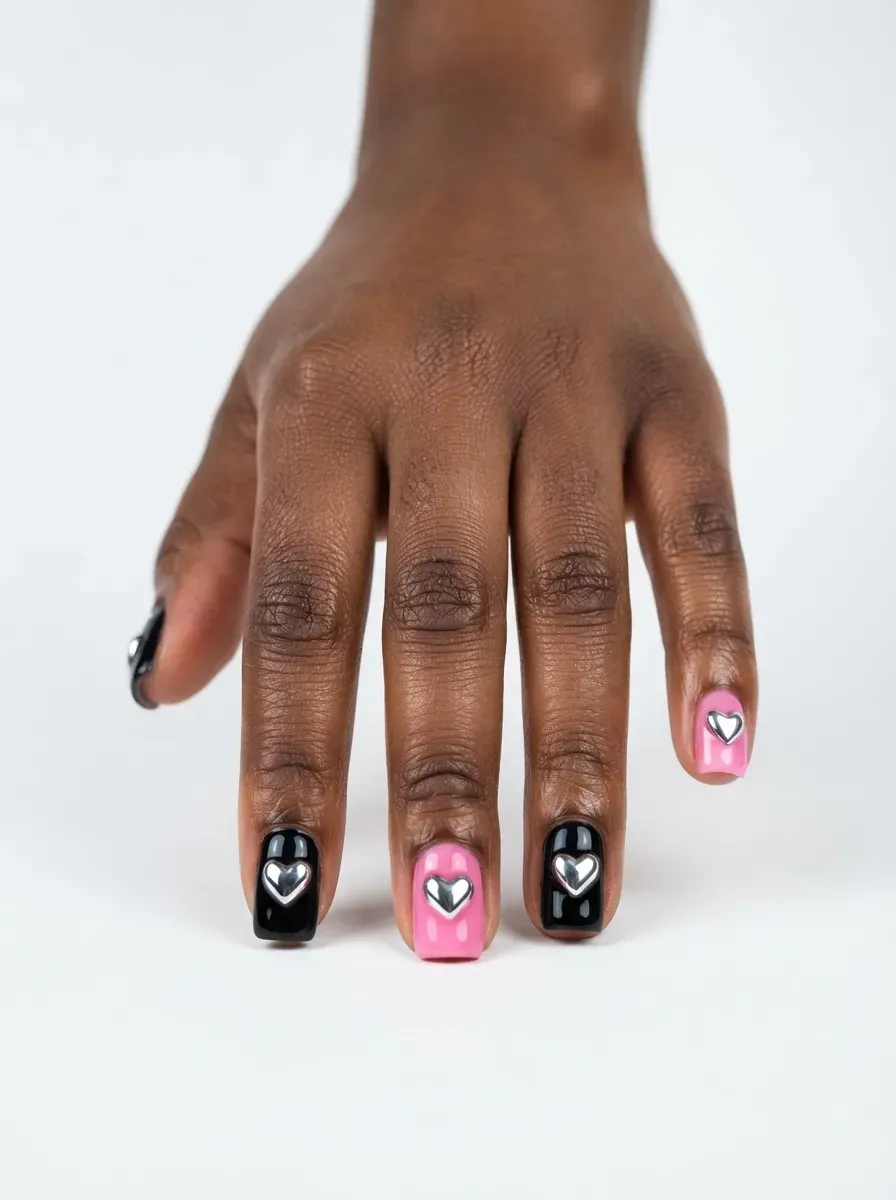Close-up of short black square nails with pink chrome hearts