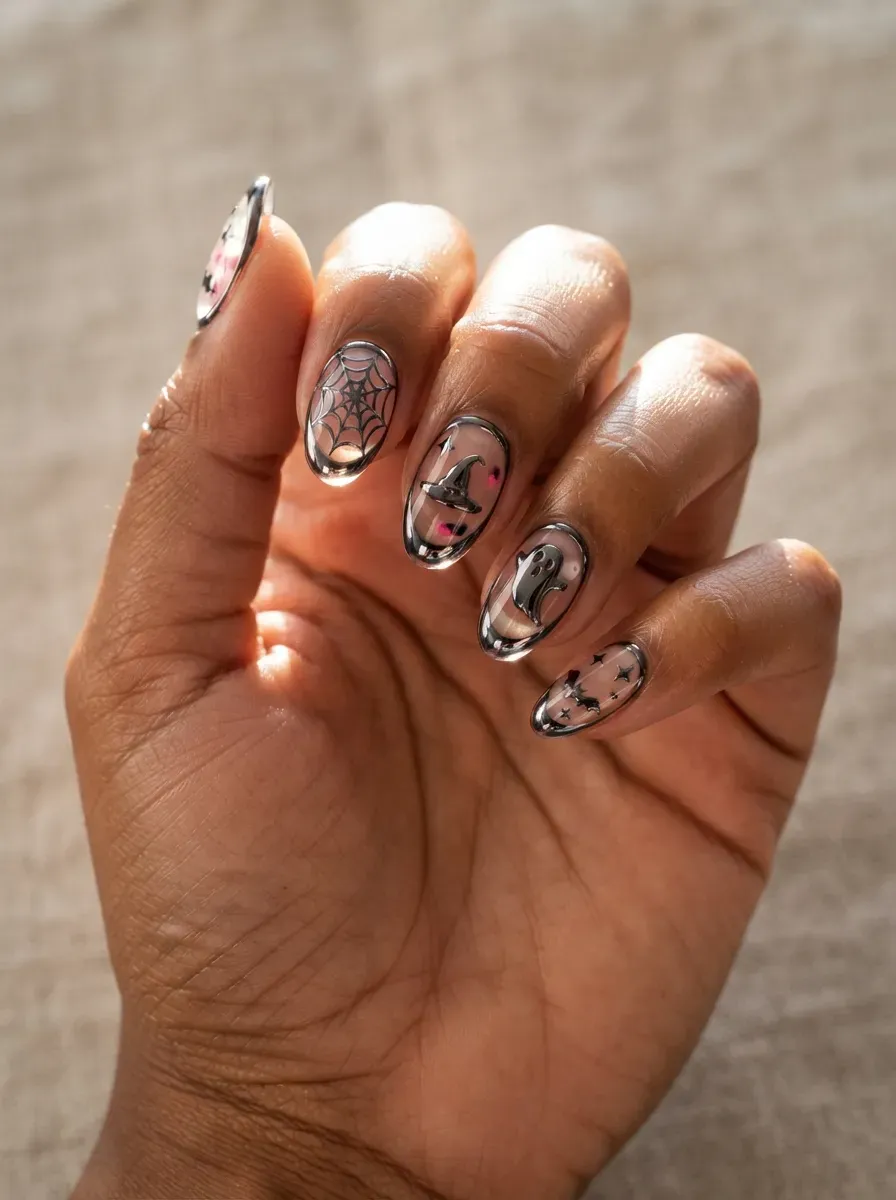 Close-up of translucent pink glass nails edged in black chrome