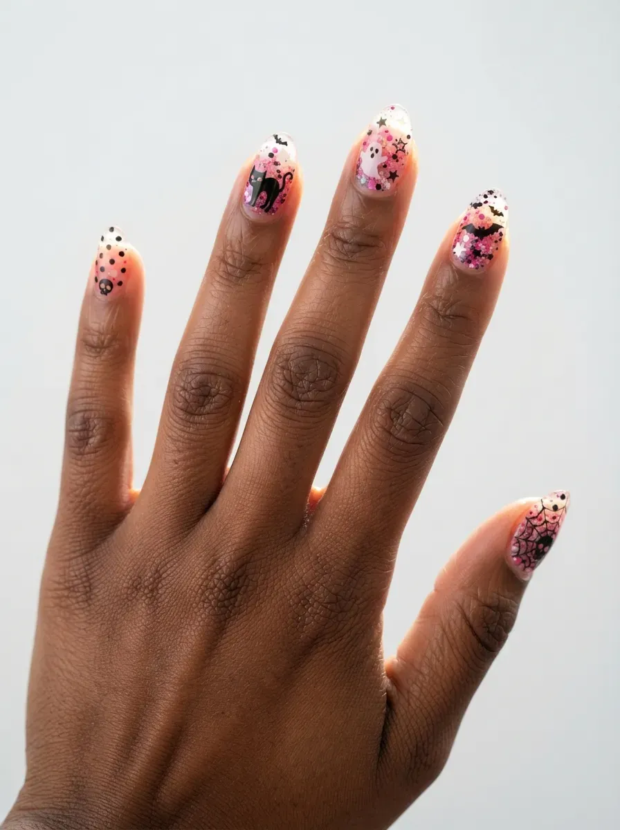 Close-up of pink jelly nails with black glitter suspended inside