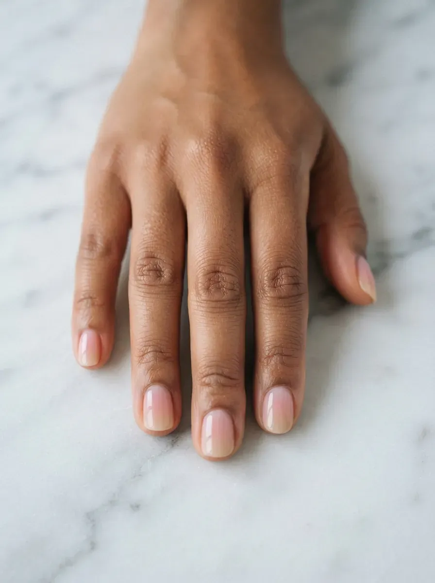 Close-up of short nails with pink to nude sheer ombre gradient