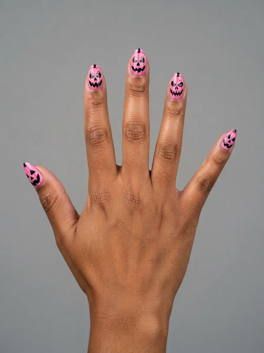 Close-up of matte black nails with pink pumpkin face art