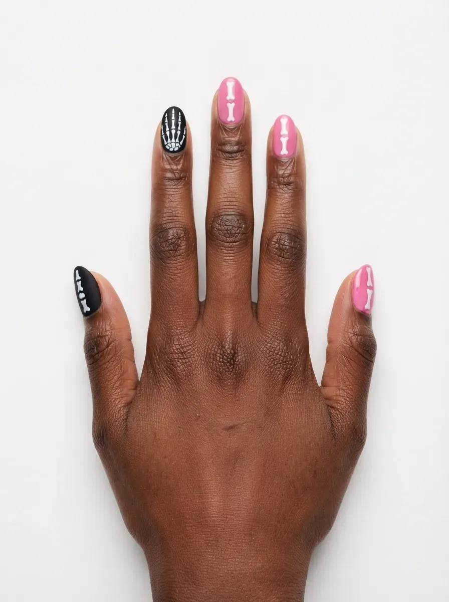 Close-up of black nails with pink skeleton hand bone art