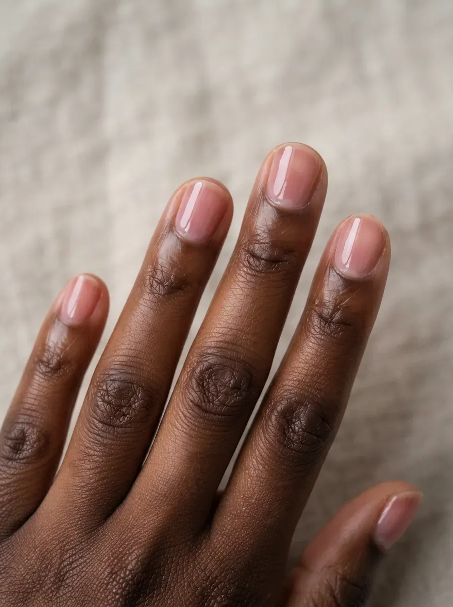 Close-up of short nails with pink tinted clear gloss on deep brown skin